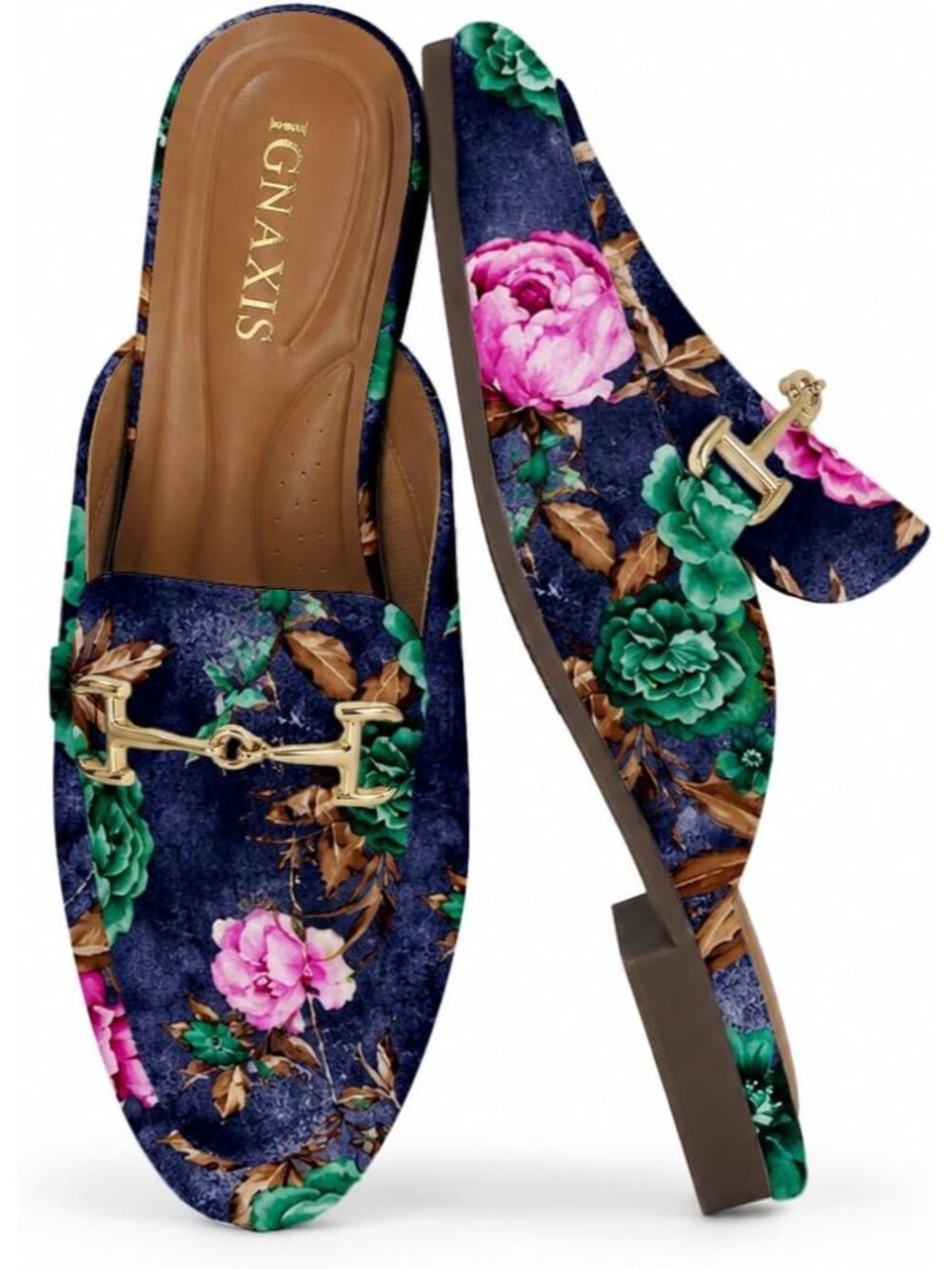 Women's Blue Floral Leather Flats Round Toe Mules Buckle Slip on Backless Loafer